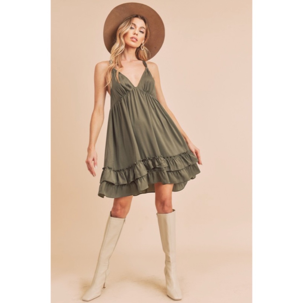 SOLD OUT Sonia - Olive Green Tiered Ruffled Hem Flirty Slip Mini Dress - Picture 1 of 3